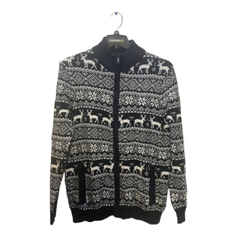 Mountain Ridge Mens Full Zip Cardigan Reindeer Snowflake Blue White Size XL